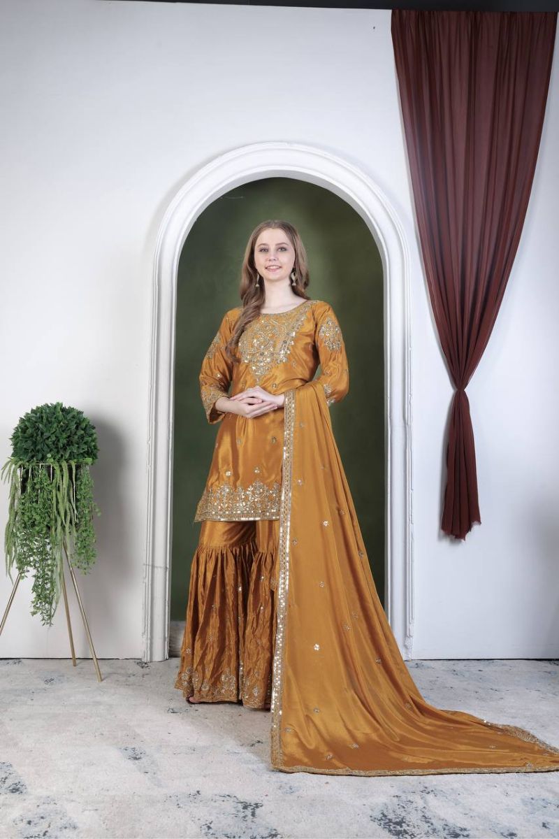 Sharara Suit with Mustard Pure Chinon Silk Dupatta Pants