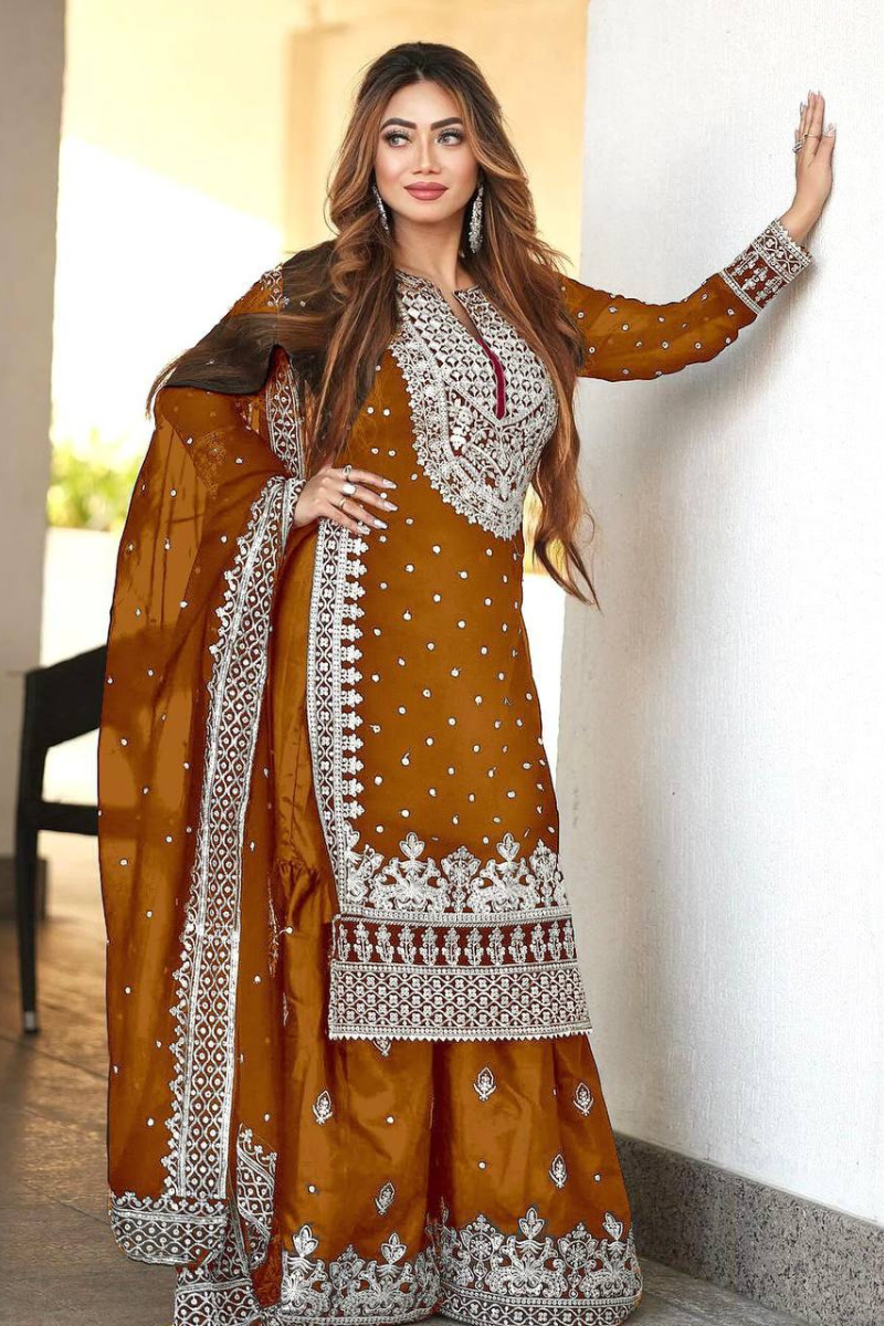 Mustard Yellow Heavy Faux Georgette Kurta Dupatta Sharara Suit Set