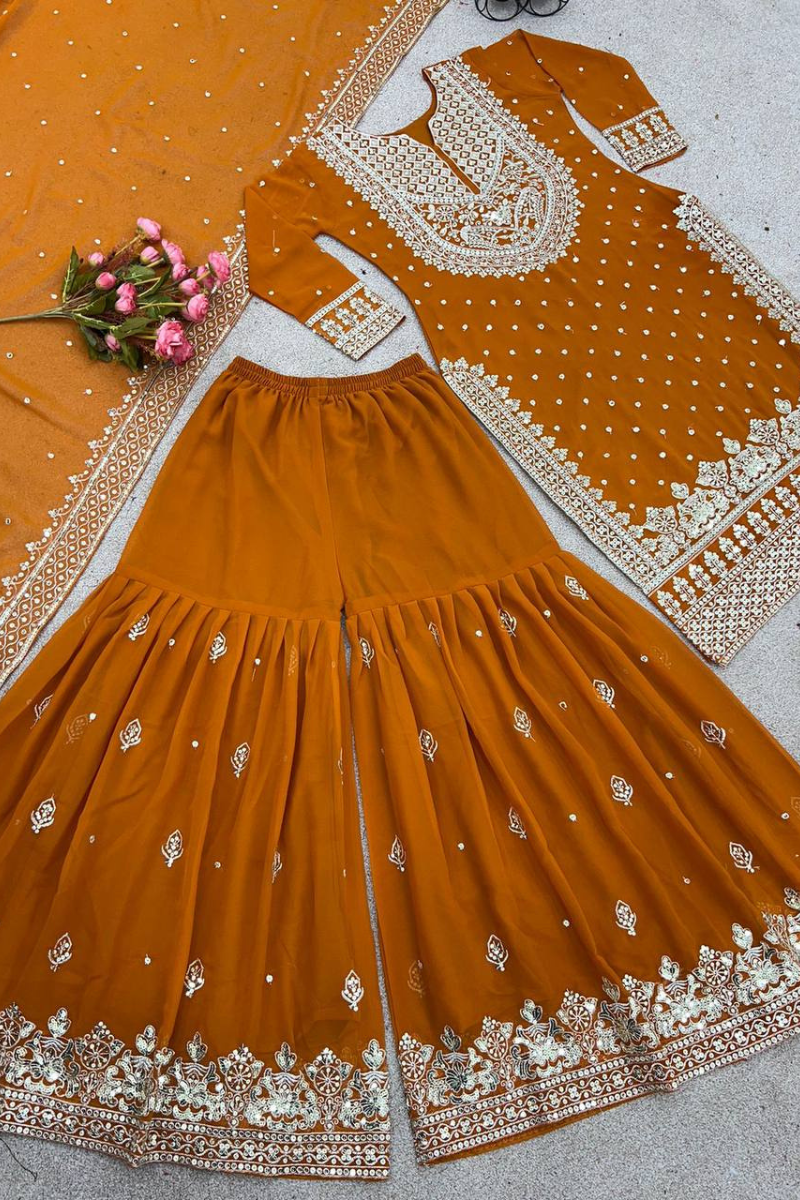 Mustard Yellow Heavy Faux Georgette Kurta Dupatta Sharara Suit Set