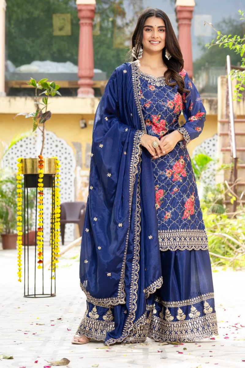 Embroidered Navy Blue Chinon Kurta Dupatta Pant Sharara Suit Set
