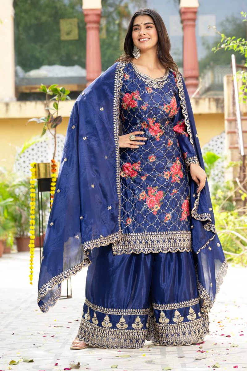 Embroidered Navy Blue Chinon Kurta Dupatta Pant Sharara Suit Set