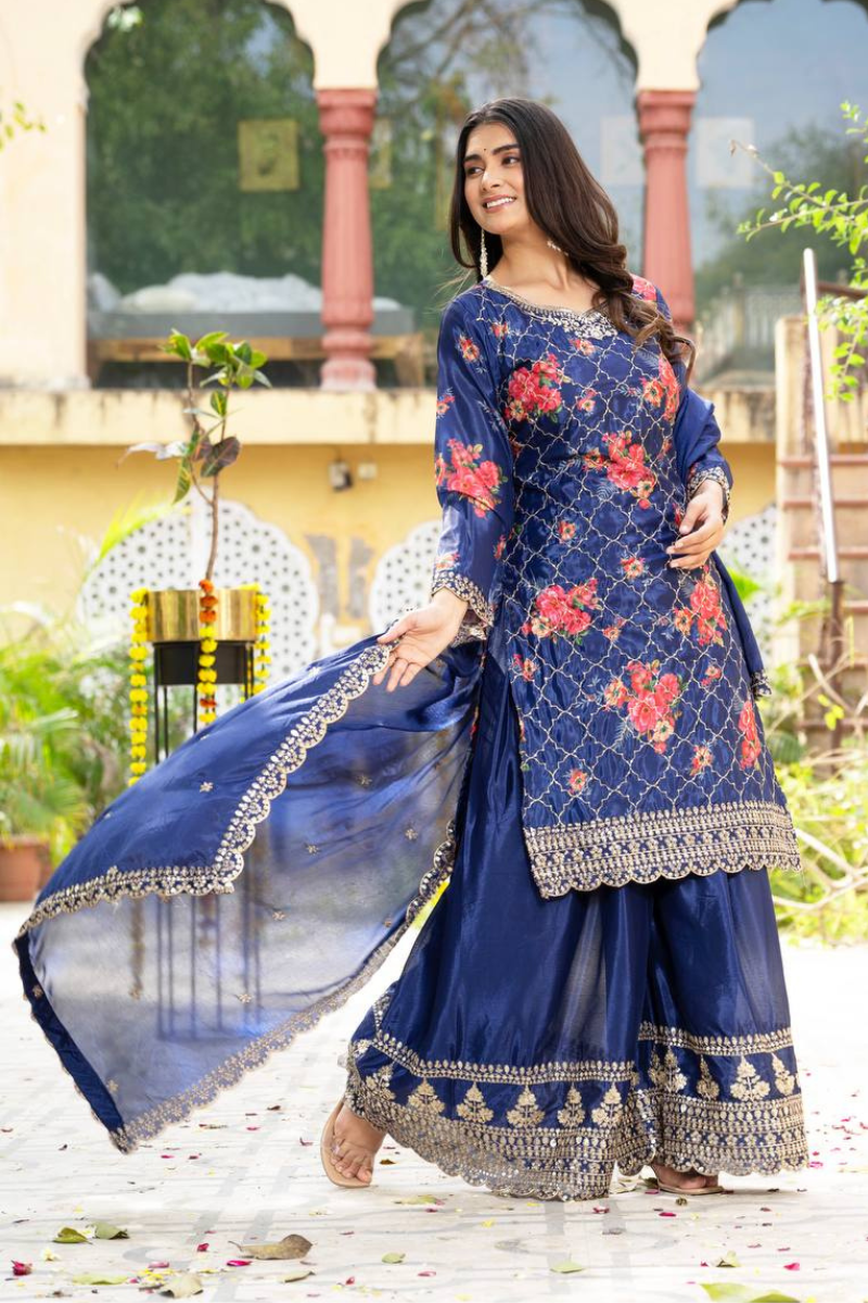 Embroidered Navy Blue Chinon Kurta Dupatta Pant Sharara Suit Set