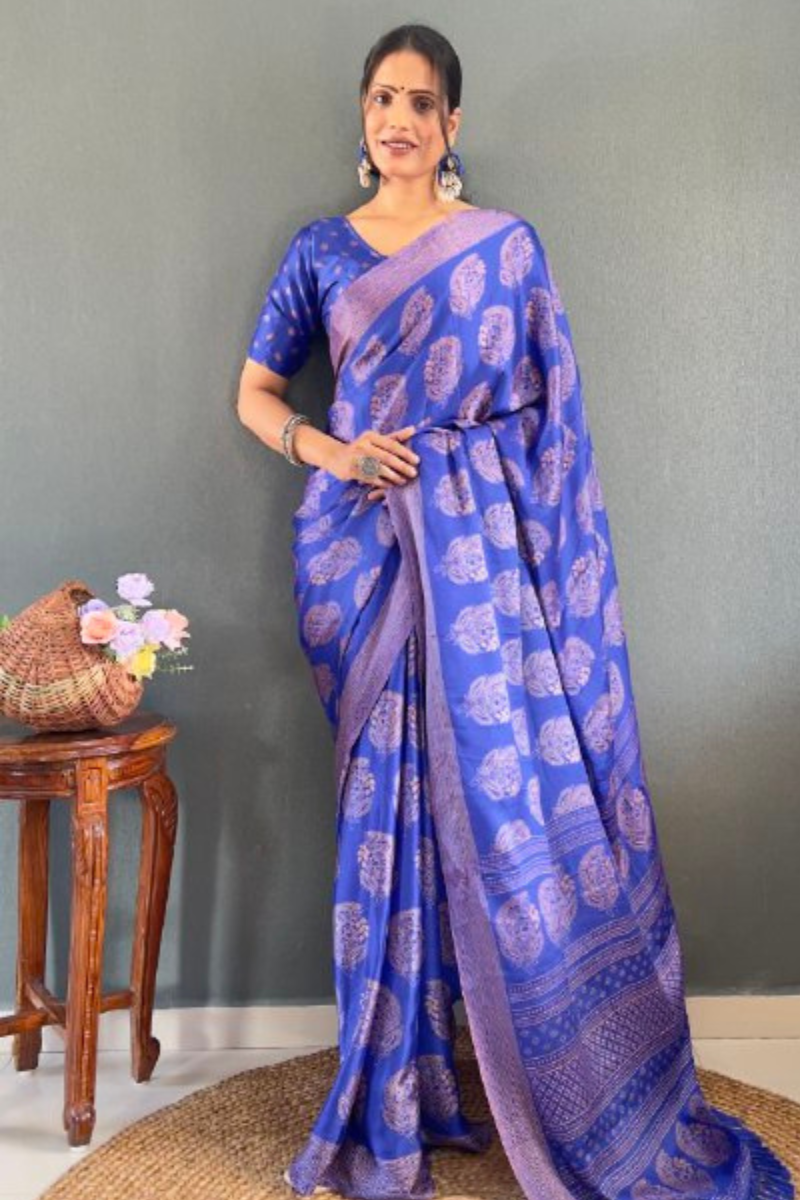 Banarasi Soft Moss Silk Saree in Navy Blue with Patch Work