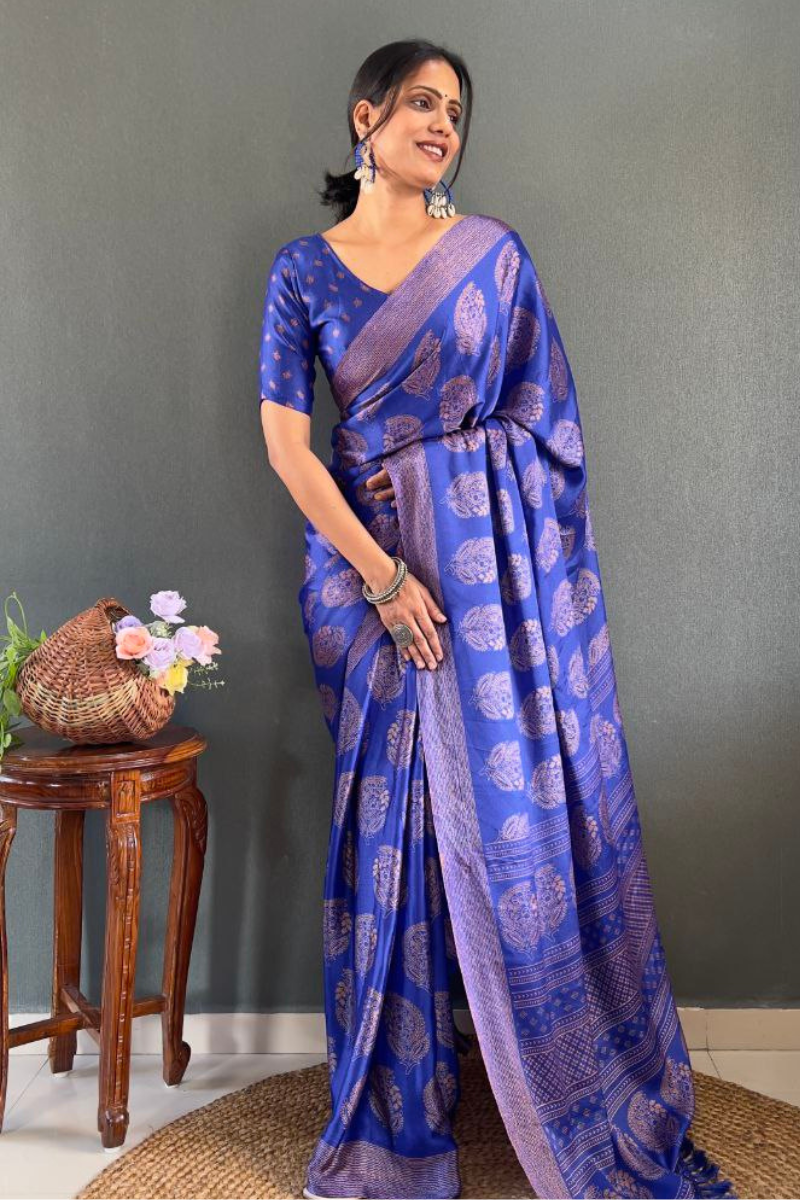 Banarasi Soft Moss Silk Saree in Navy Blue with Patch Work