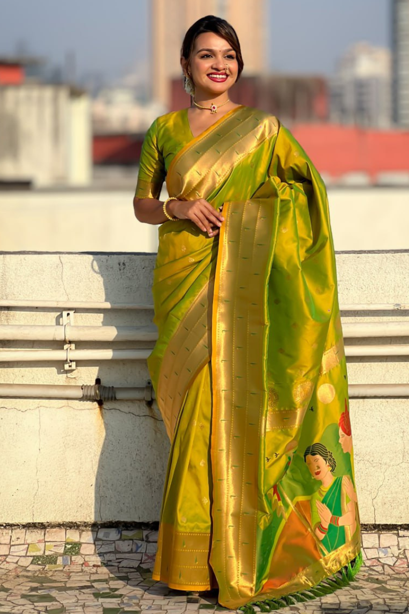 Soft silk sarees with floral patterns in neon Paithani