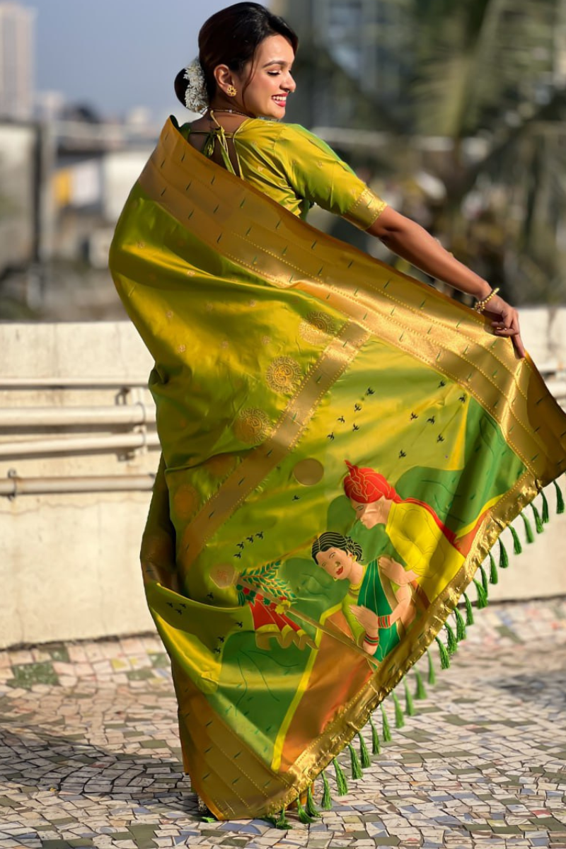 Soft silk sarees with floral patterns in neon Paithani