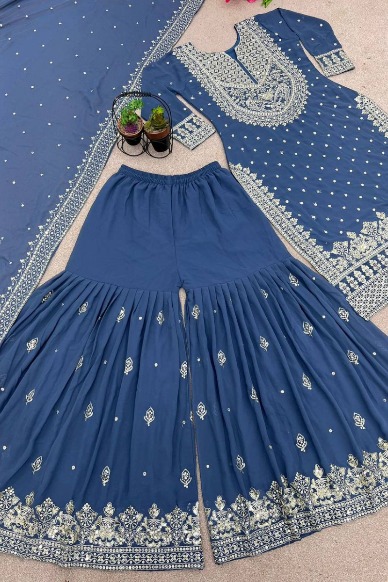 Ocean Blue Heavy Faux Georgette Kurta Dupatta Sharara Suit Set