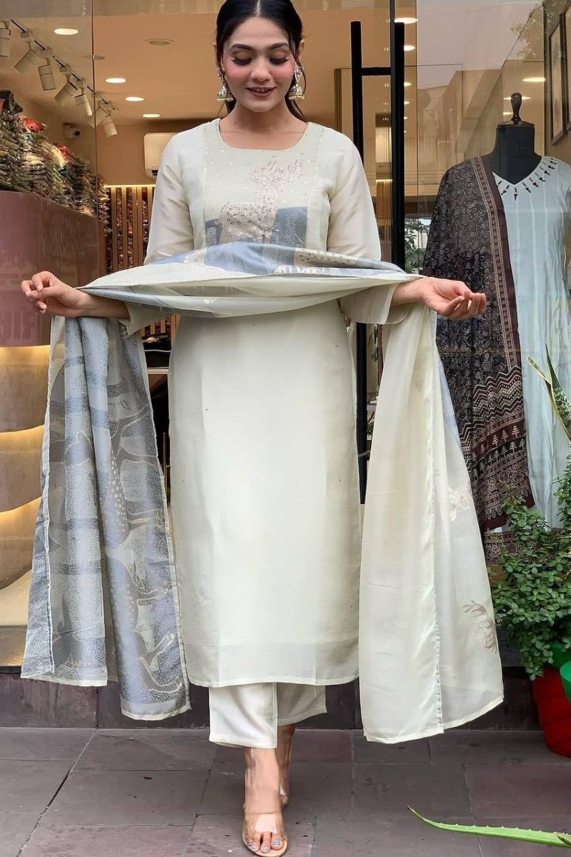 Heavy Premium Roman Silk Kurta Pant Dupatta Set in Off White