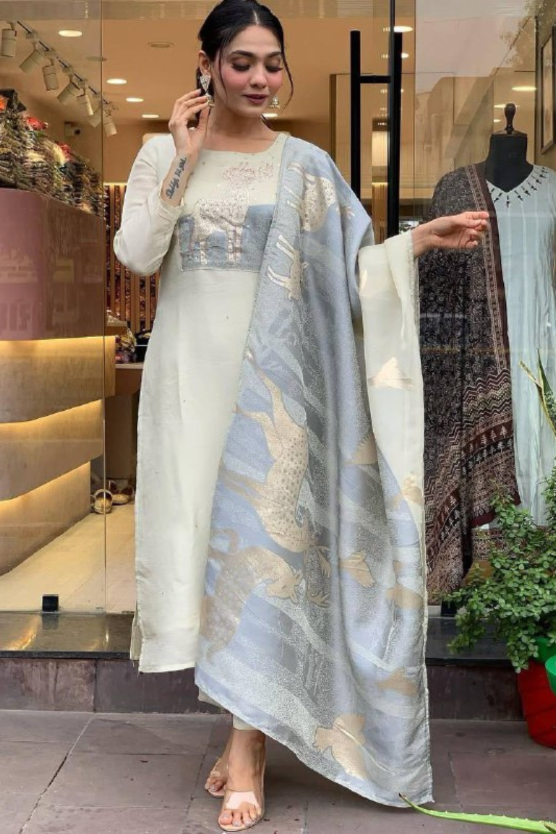 Heavy Premium Roman Silk Kurta Pant Dupatta Set in Off White