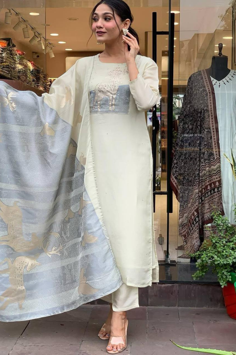 Heavy Premium Roman Silk Kurta Pant Dupatta Set in Off White
