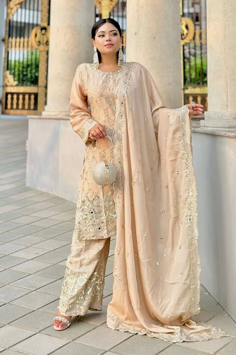 Offwhite Sharara Dupatta Suit Set in Pure Heavy Chinnon Silk