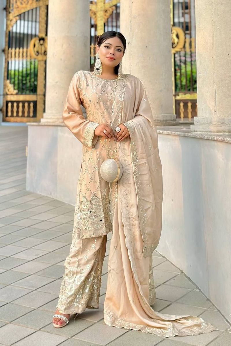 Offwhite Sharara Dupatta Suit Set in Pure Heavy Chinnon Silk