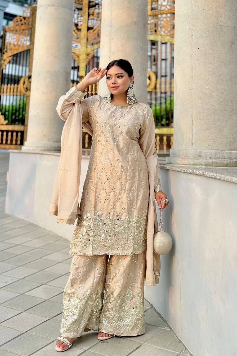 Offwhite Sharara Dupatta Suit Set in Pure Heavy Chinnon Silk