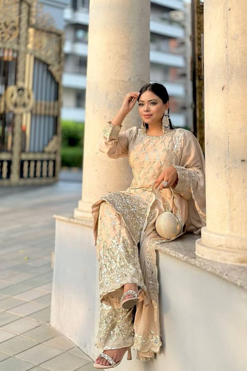 Offwhite Sharara Dupatta Suit Set in Pure Heavy Chinnon Silk