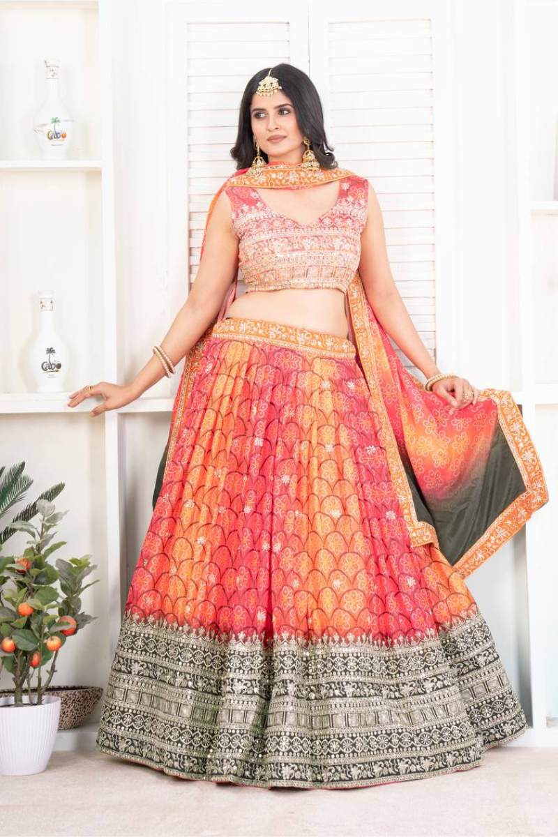 Orange digitally printed chinon silk Choli Dupatta Set in Lehanga