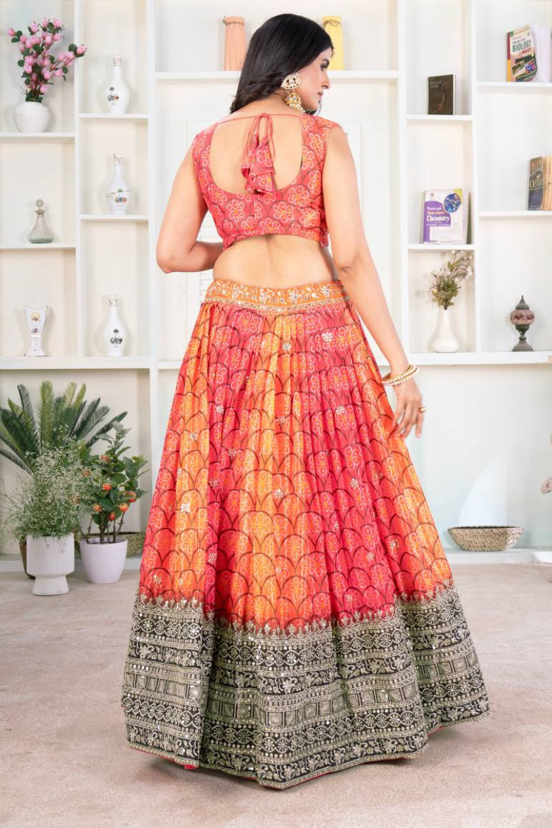 Orange digitally printed chinon silk Choli Dupatta Set in Lehanga