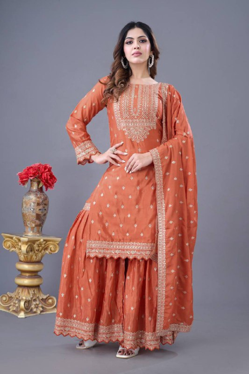 Orange Sharara Dupatta Set in Heavy Chinon Silk