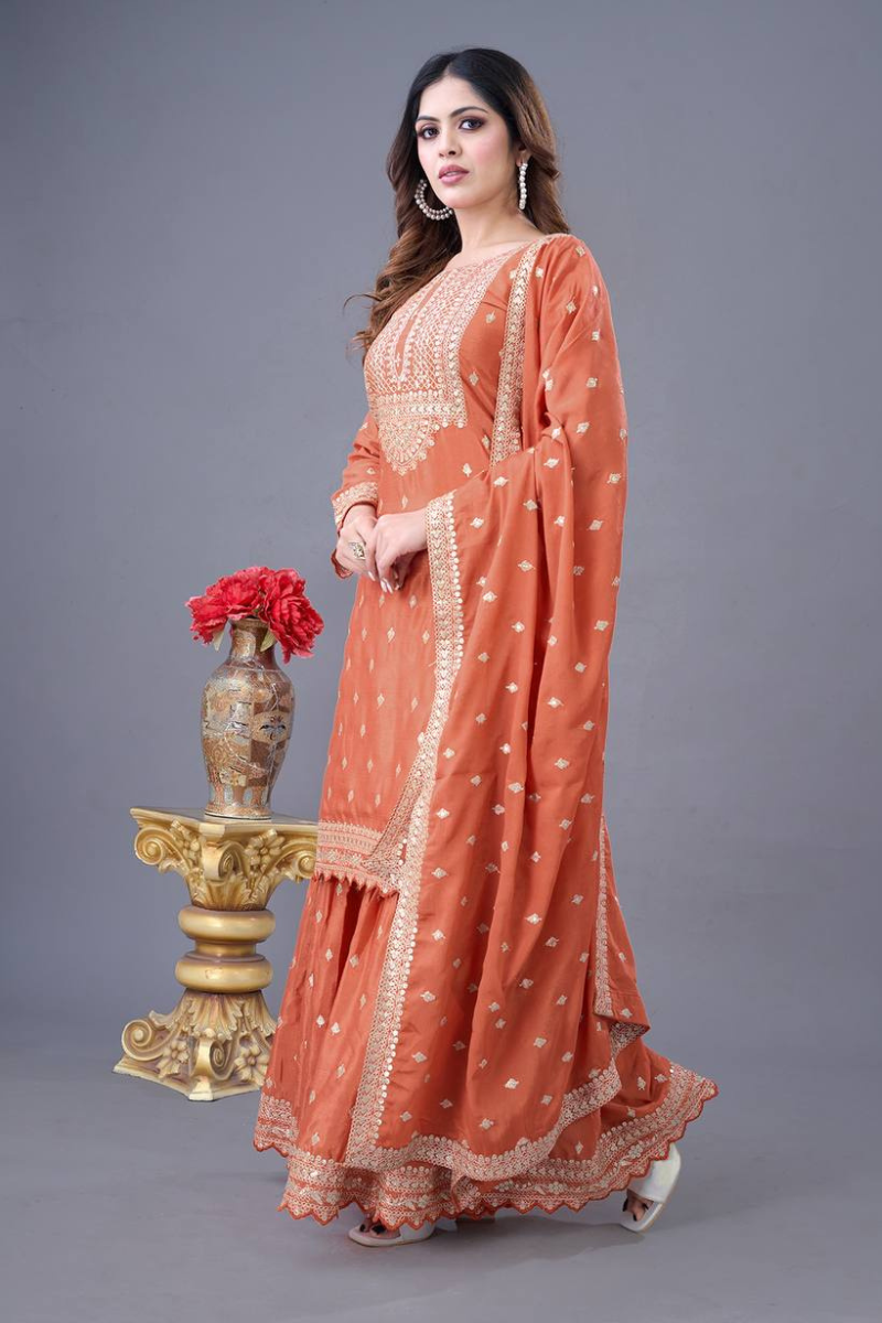 Orange Sharara Dupatta Set in Heavy Chinon Silk