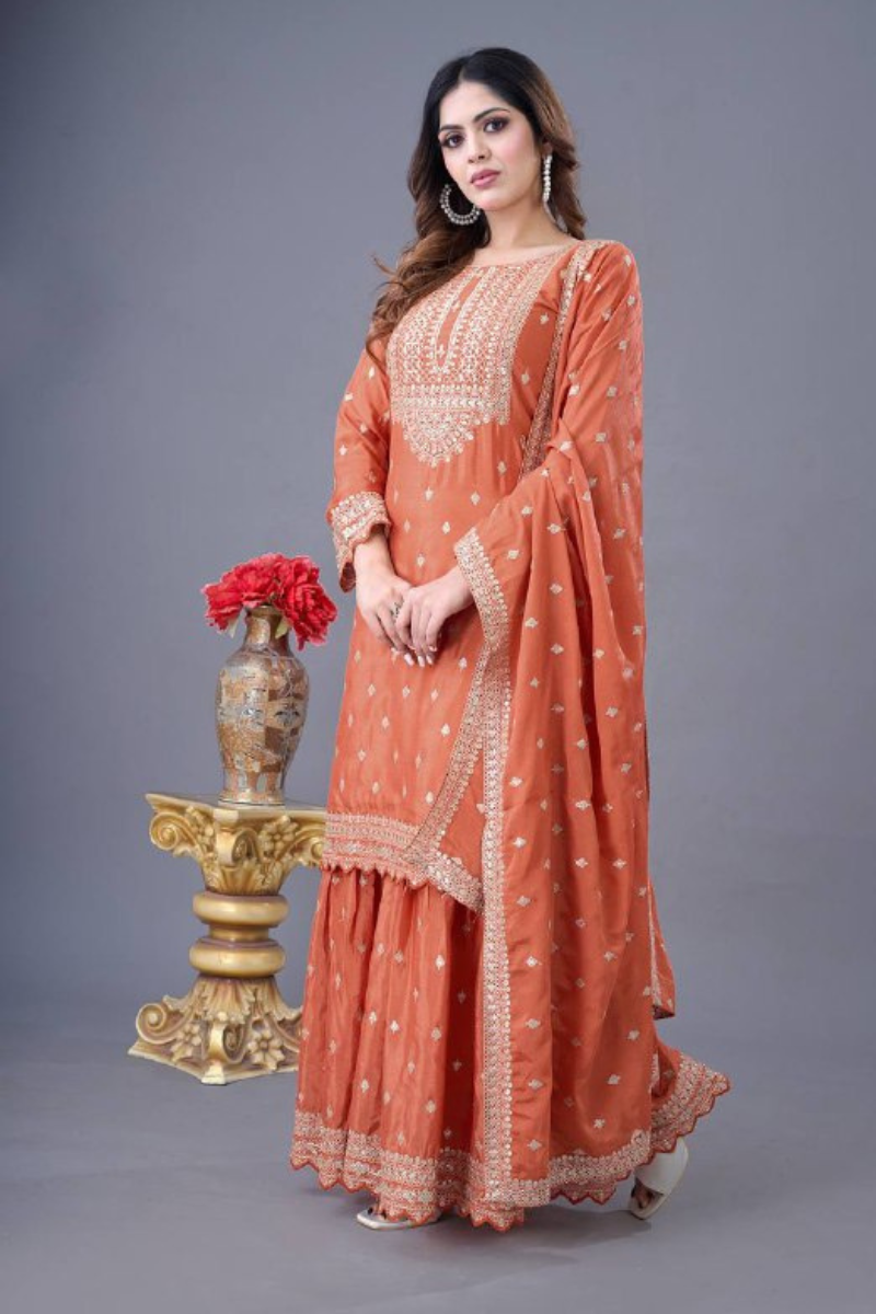 Orange Sharara Dupatta Set in Heavy Chinon Silk