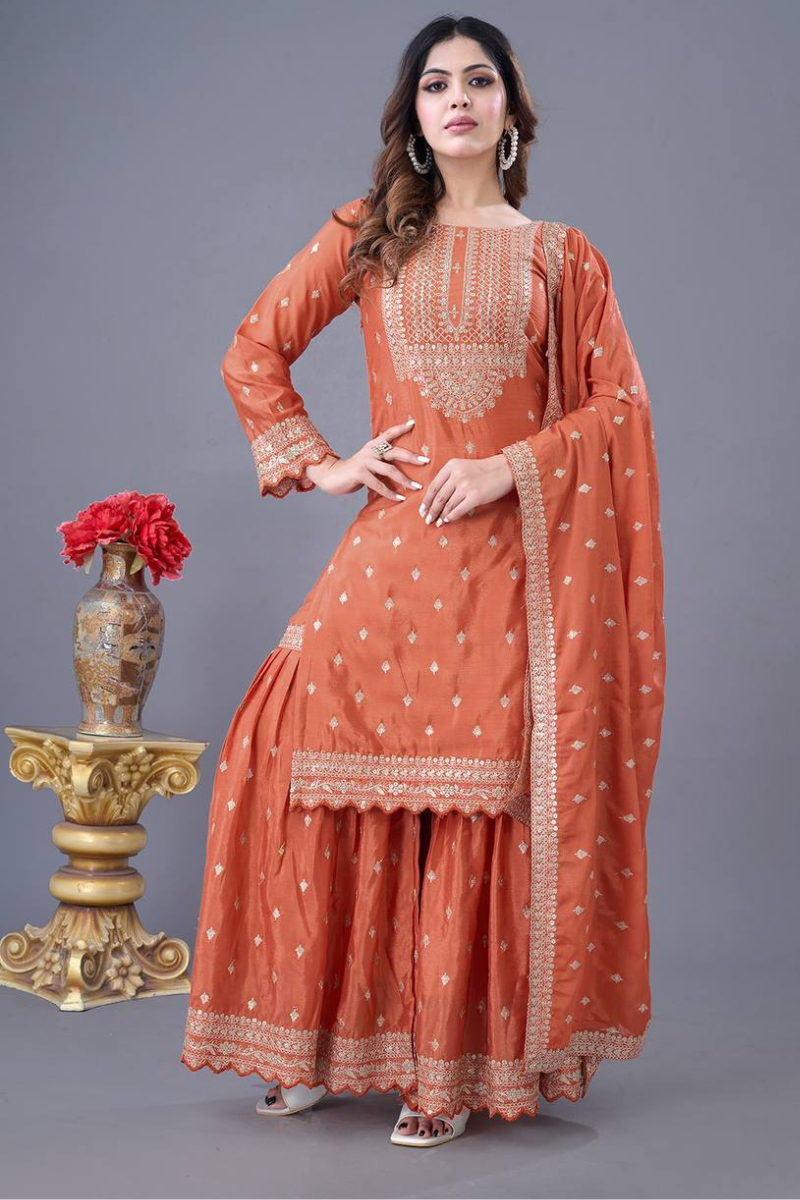 Heavy Faux Maroon Three-piece Georgette Sharara Suit Set with Kurta Dupatta