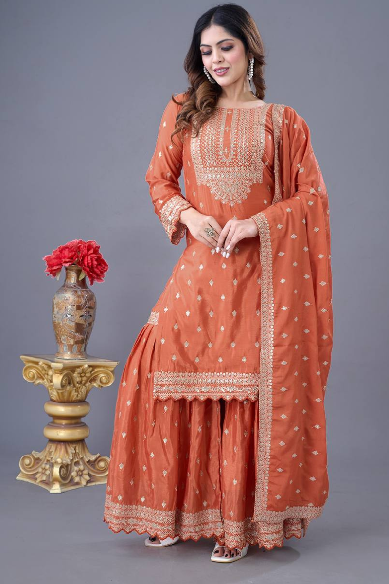 Heavy Faux Maroon Three-piece Georgette Sharara Suit Set with Kurta Dupatta