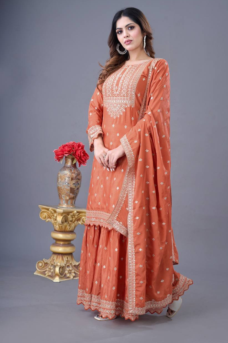 Heavy Faux Maroon Three-piece Georgette Sharara Suit Set with Kurta Dupatta
