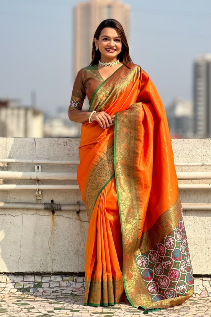 Floral-patterned orange Katki Silk Sarees