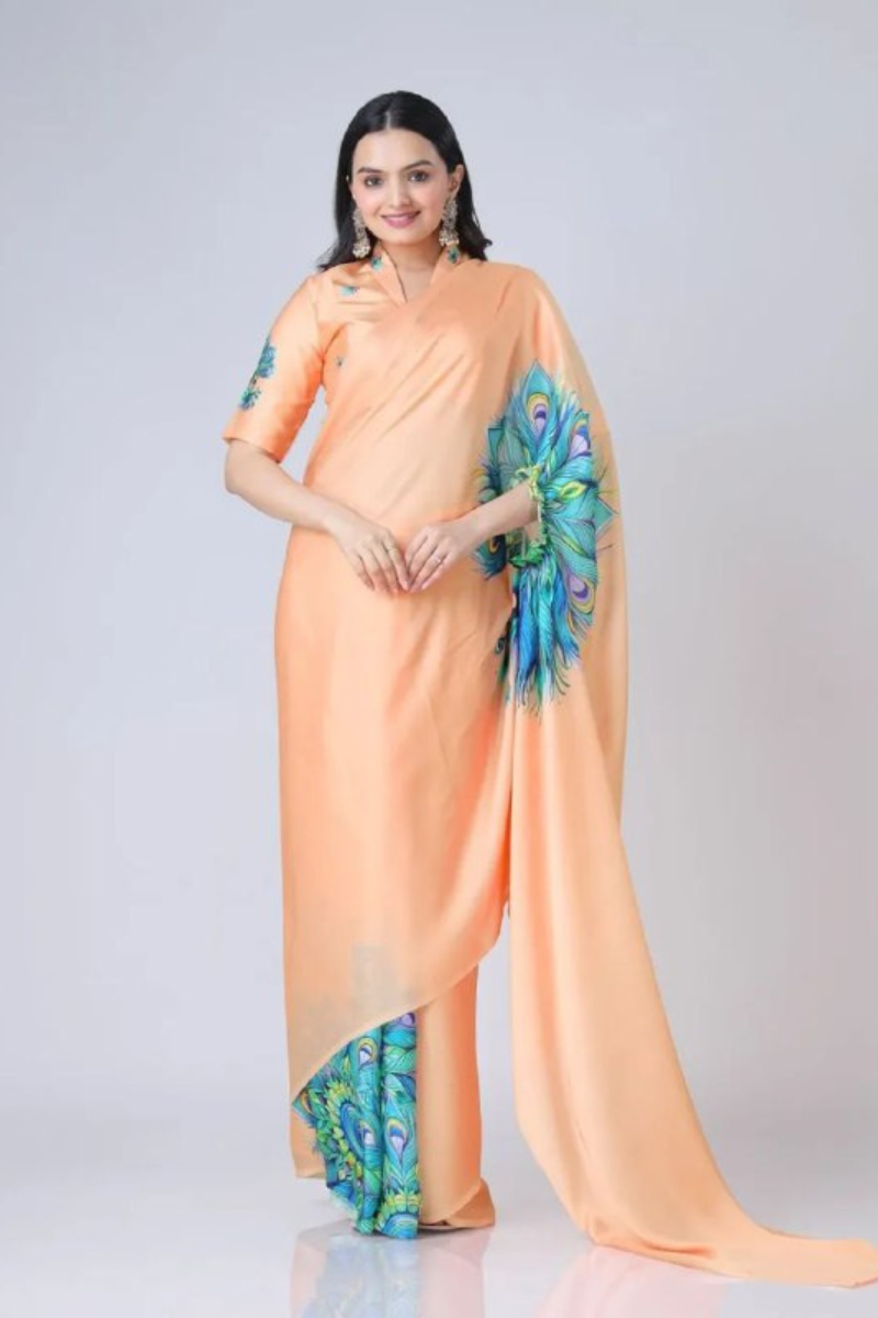 Digital Printing of an Orange Satin Creap Silk Saree