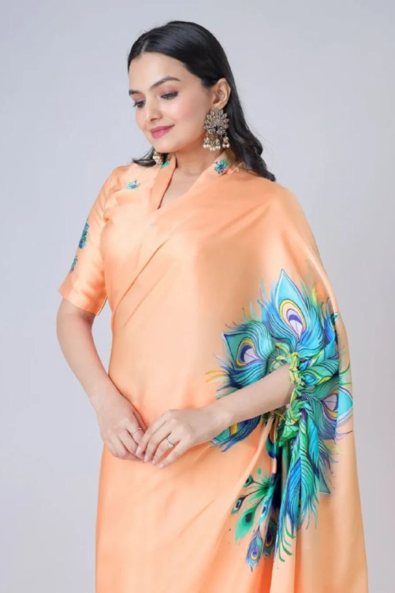 Digital Printing of an Orange Satin Creap Silk Saree