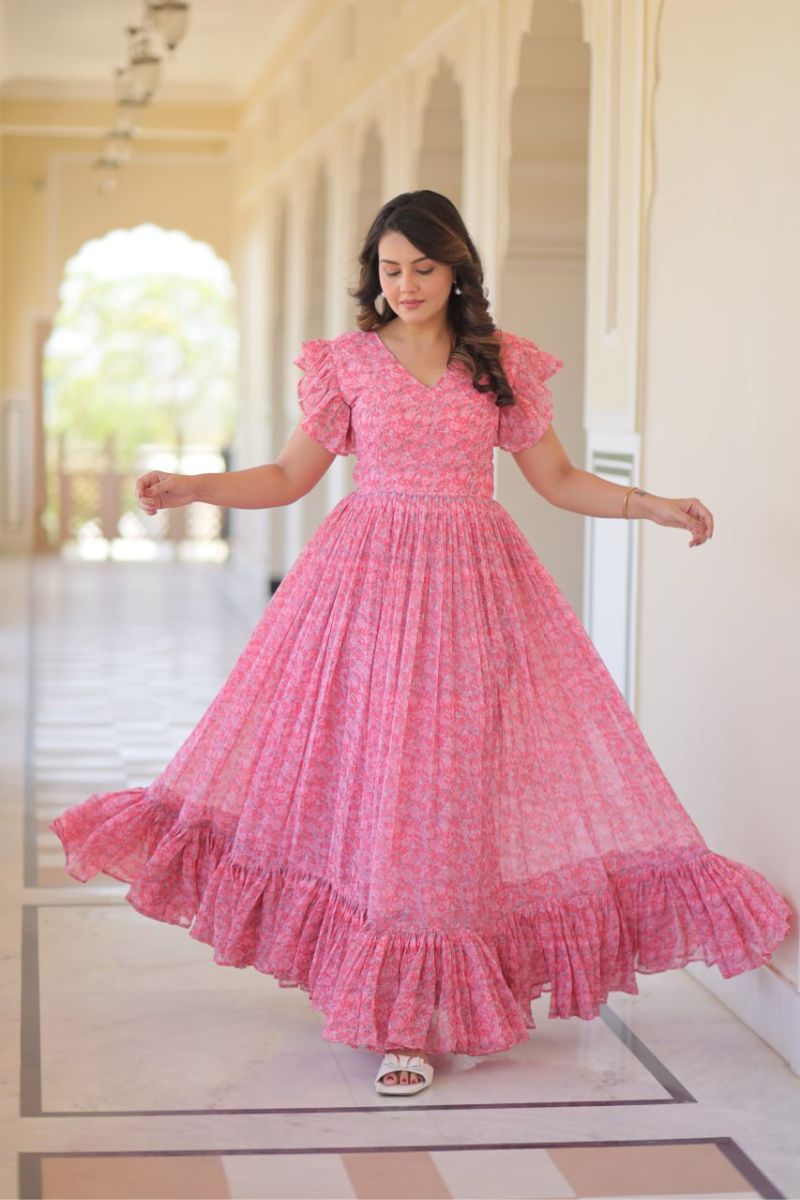 Print Gown Frill Pattern on Peach Faux Georgette