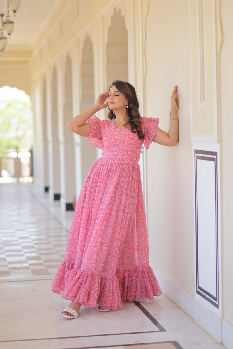 Print Gown Frill Pattern on Peach Faux Georgette