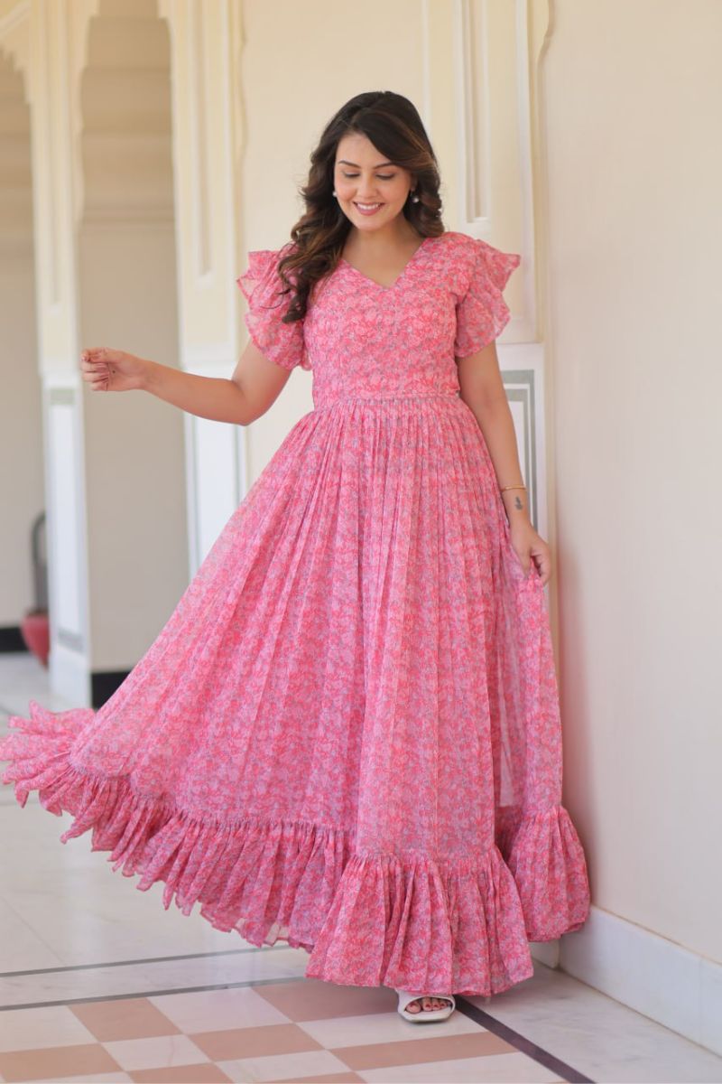 Print Gown Frill Pattern on Peach Faux Georgette