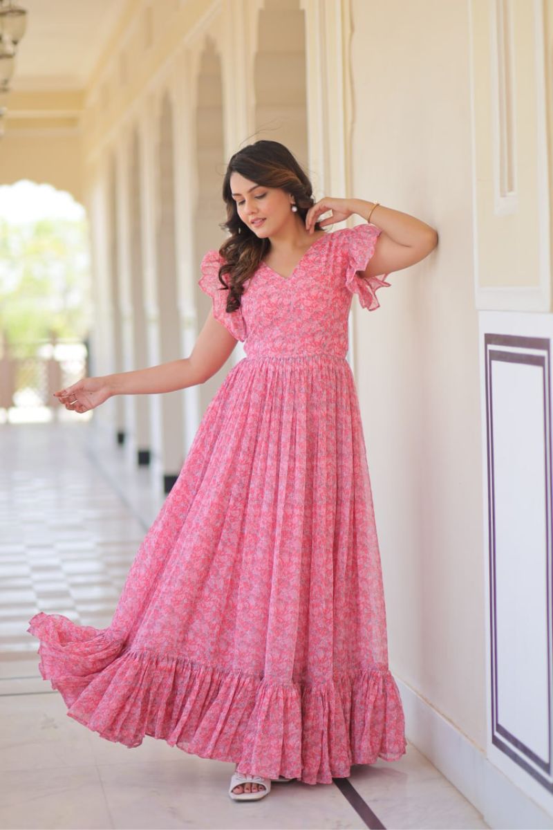 Print Gown Frill Pattern on Peach Faux Georgette