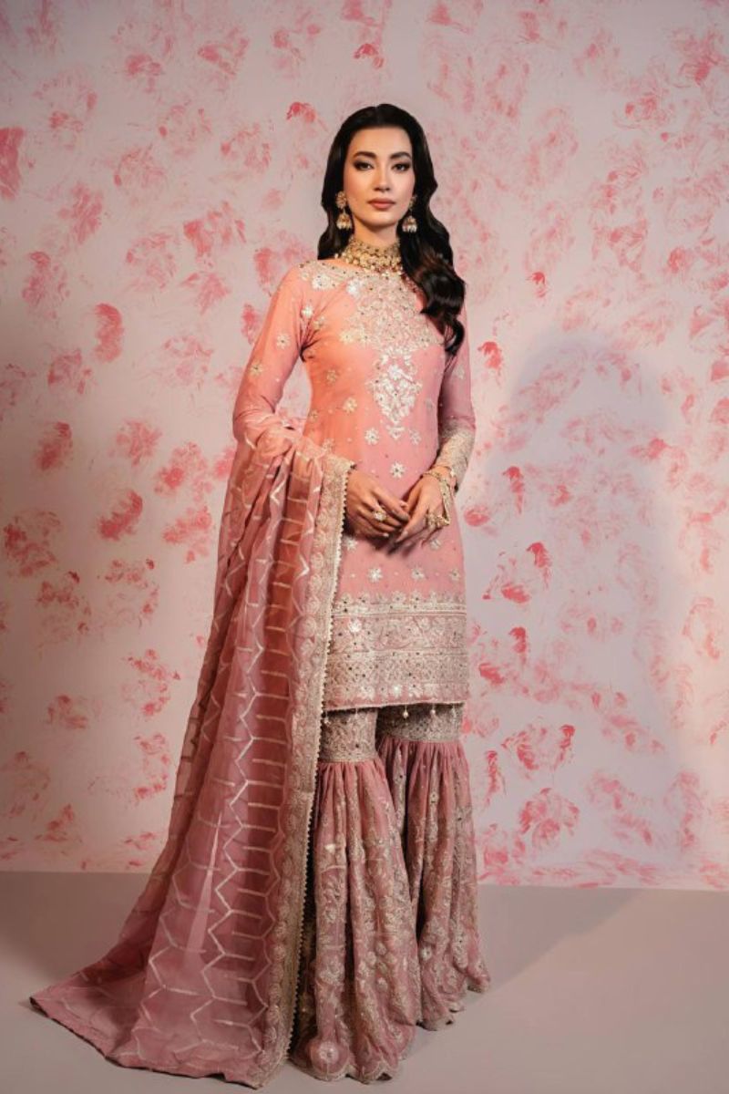 Heavy Faux Peach Embroidered Georgette Sharara Dupatta Suit Set