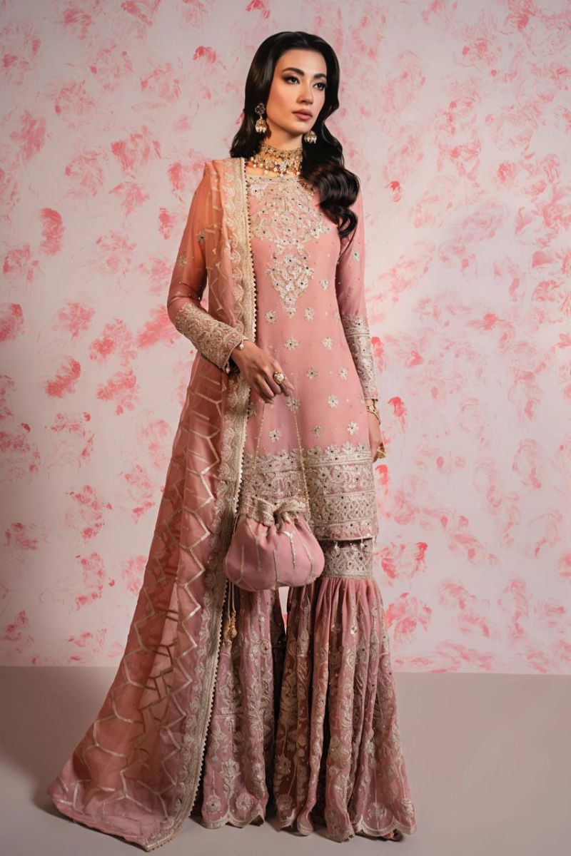 Heavy Faux Peach Embroidered Georgette Sharara Dupatta Suit Set