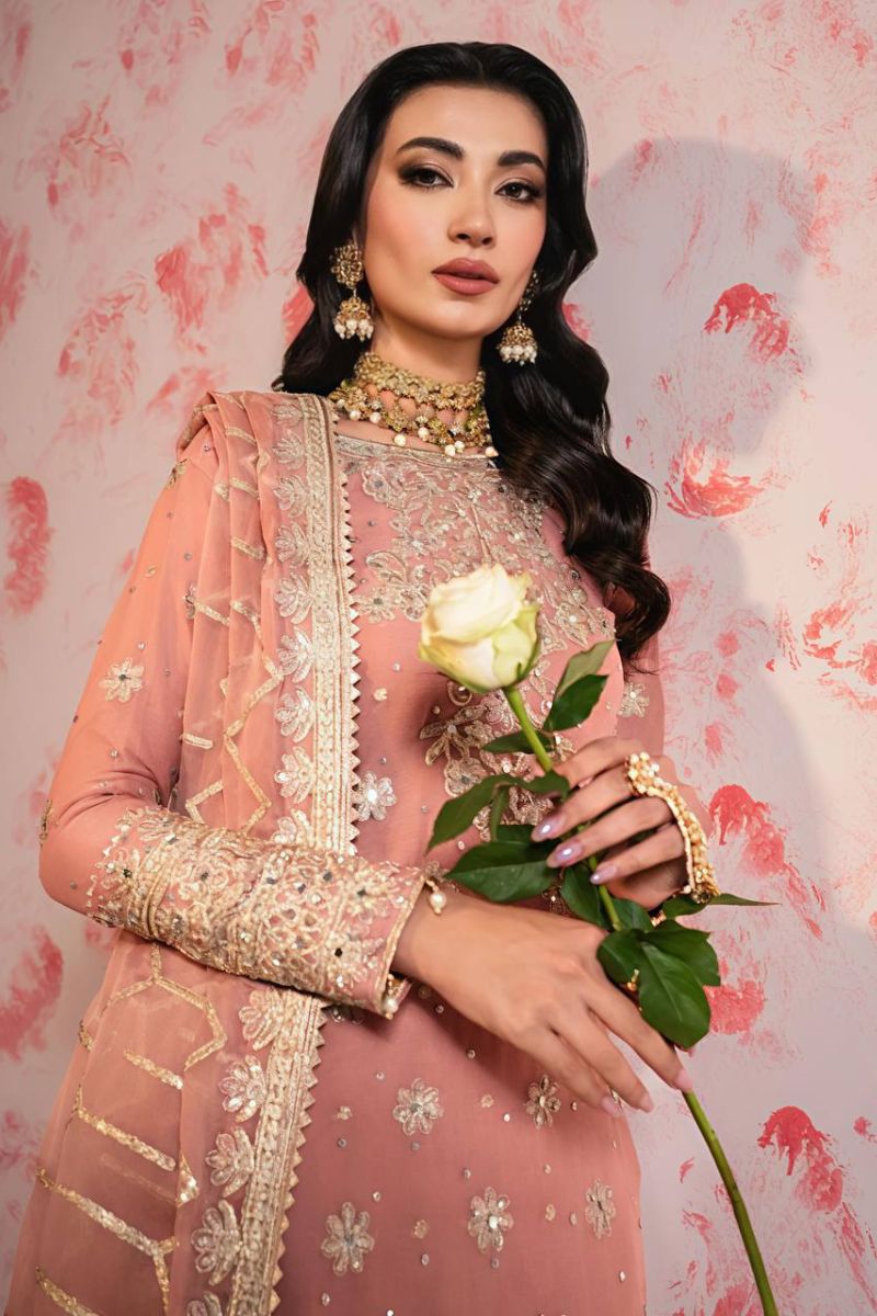 Heavy Faux Peach Embroidered Georgette Sharara Dupatta Suit Set