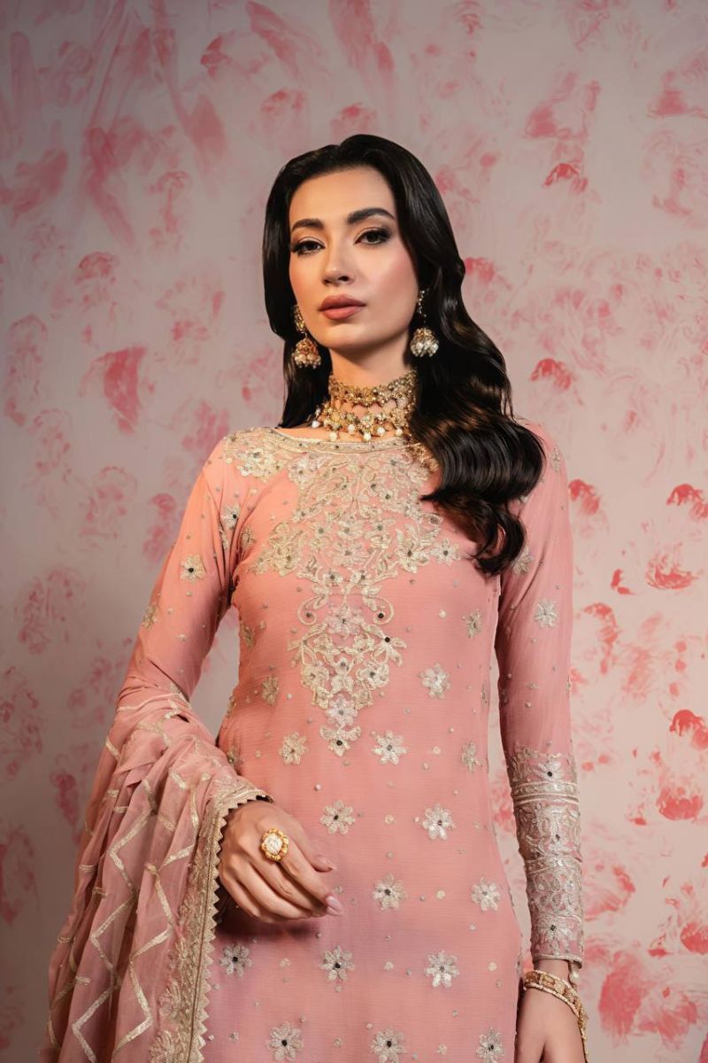 Heavy Faux Peach Embroidered Georgette Sharara Dupatta Suit Set