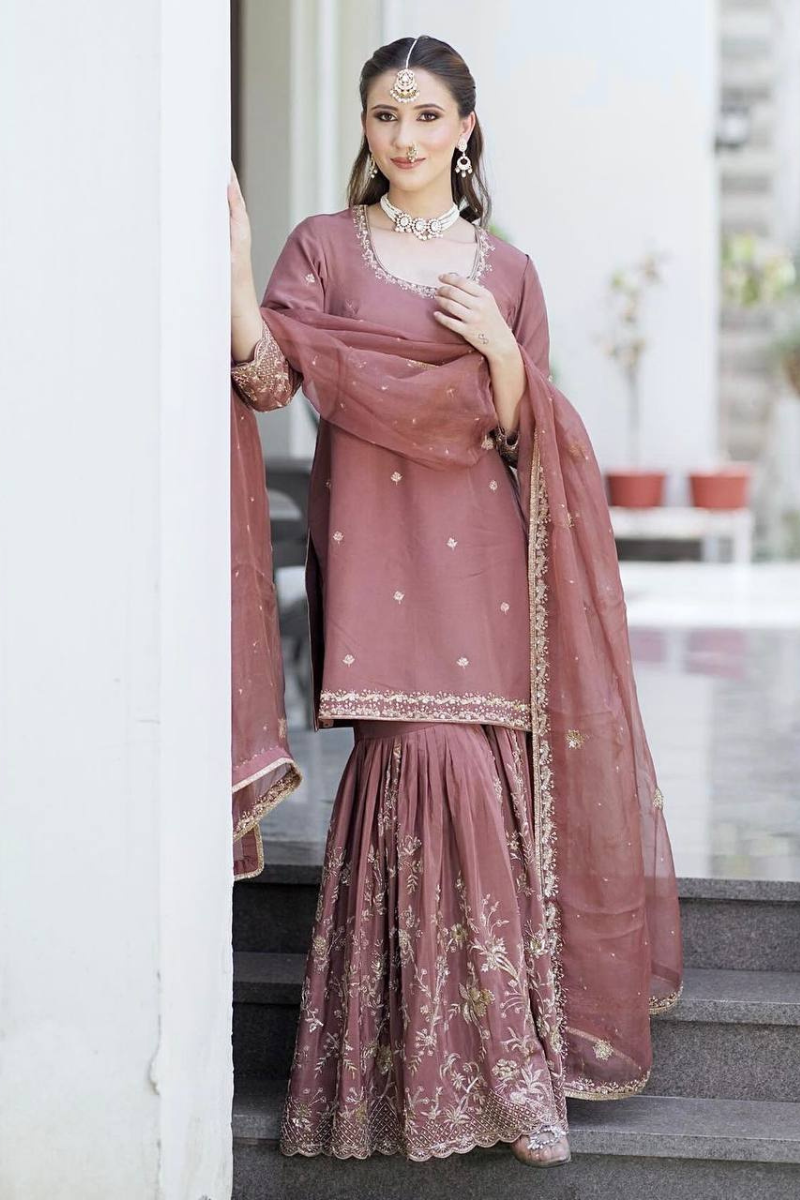 Three-piece Kurta Dupatta Sharara Suit Set in Peach Pure Chinon Silk