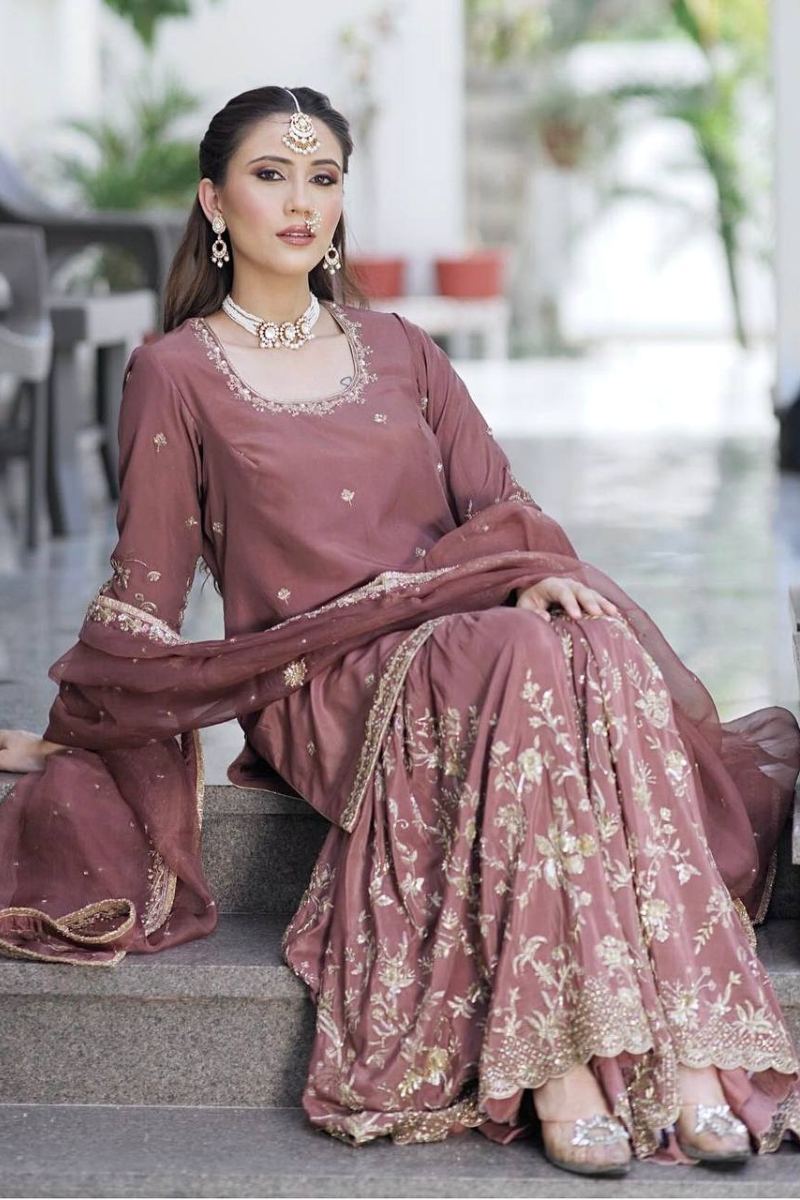Three-piece Kurta Dupatta Sharara Suit Set in Peach Pure Chinon Silk