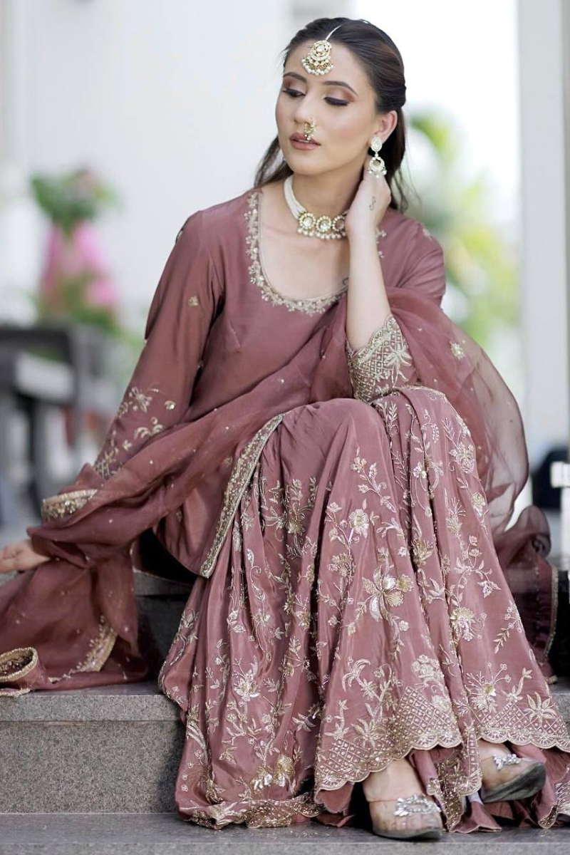 Three-piece Kurta Dupatta Sharara Suit Set in Peach Pure Chinon Silk