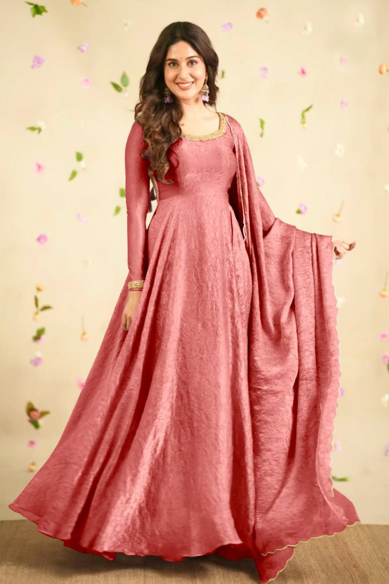 Peach Crush Silk Gown with Dupatta in Soft Gold