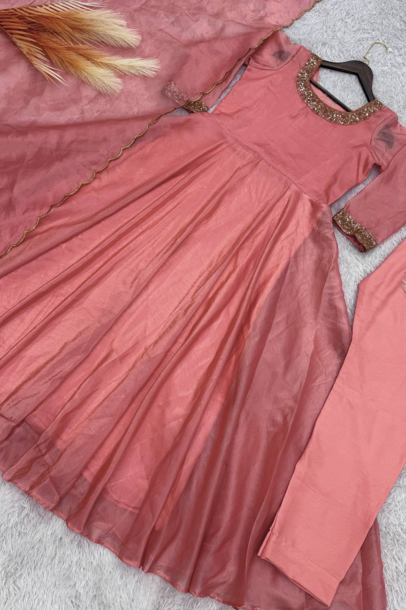 Peach Crush Silk Gown with Dupatta in Soft Gold