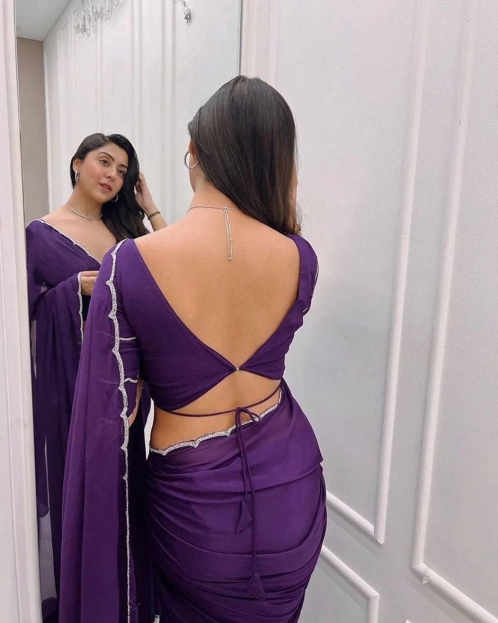 Beautiful Curve Design Ready To Wear Purple Saree