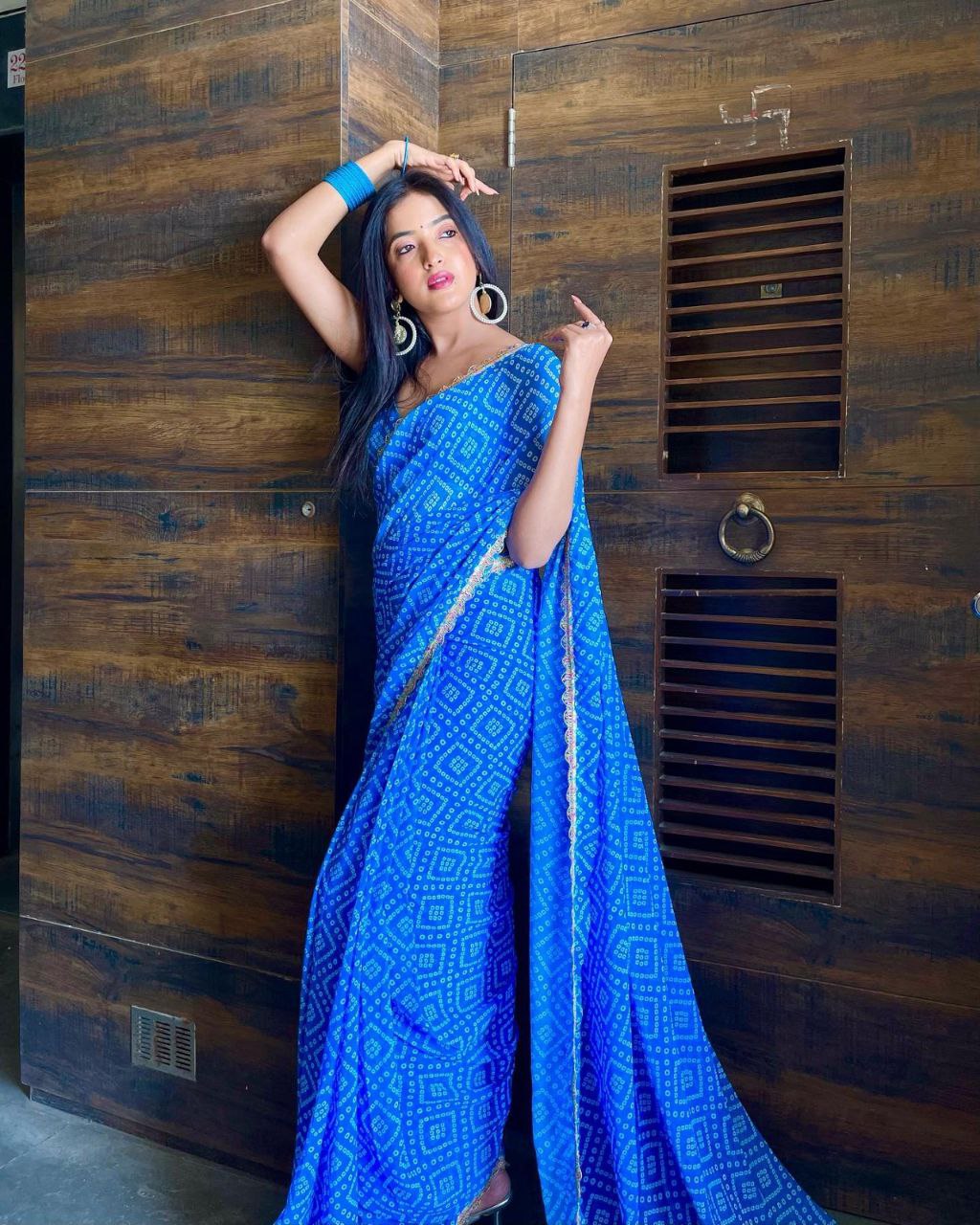 Ready To Wear Saree Georgette Blue Bandhani with Lace Border with Blouse Piece