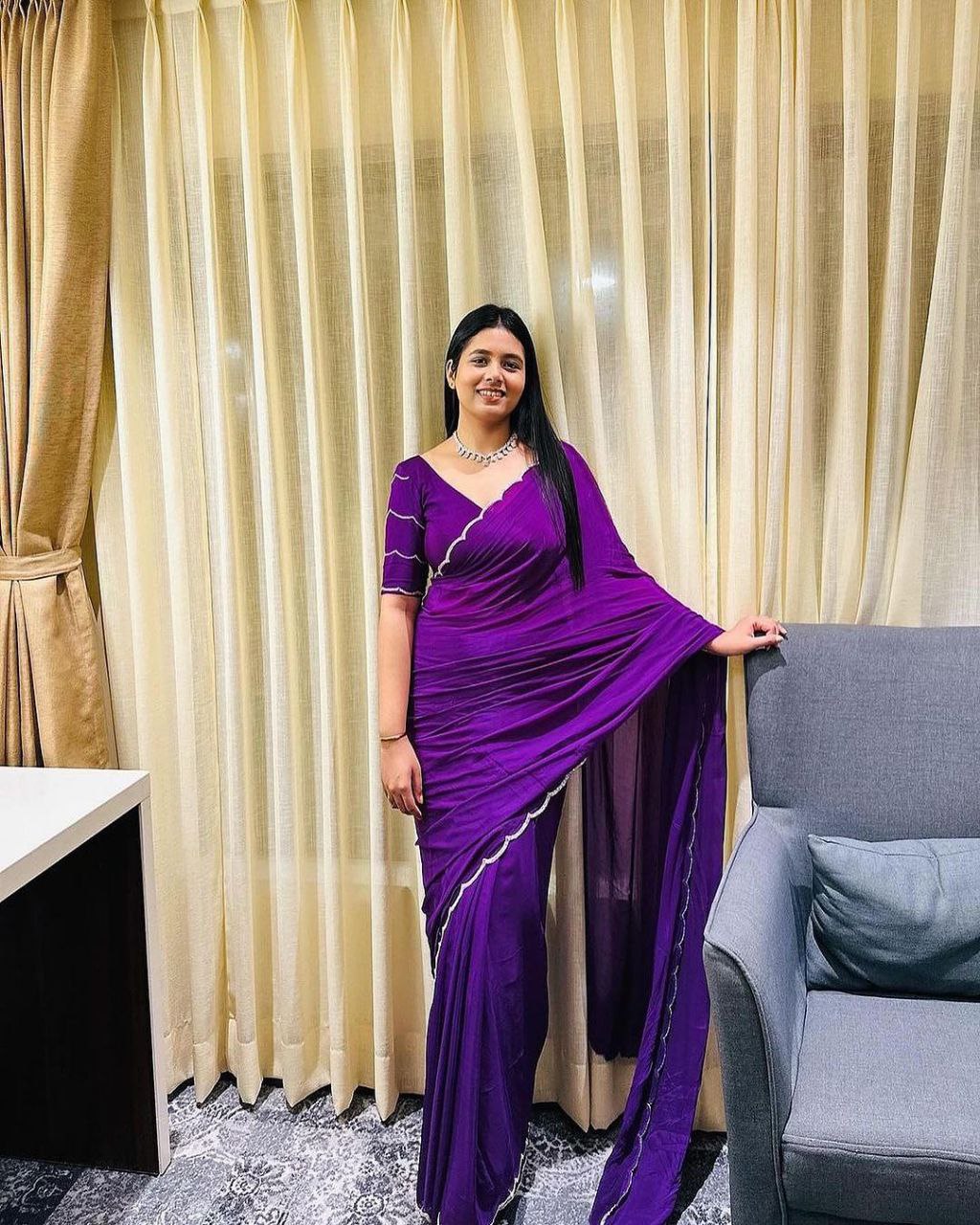 Beautiful Curve Design Ready To Wear Purple Saree