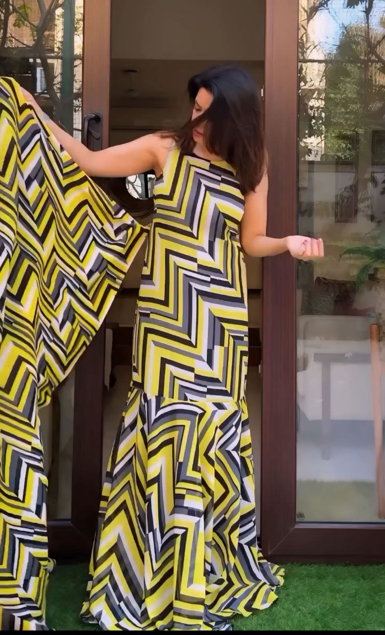 Multi-Colored Ready-to-Wear Gown Saree in Yellow and Dark Blue