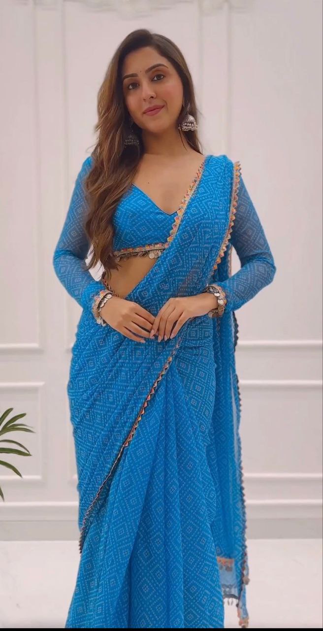 Ready To Wear Saree Georgette Blue Bandhani with Lace Border with Blouse Piece