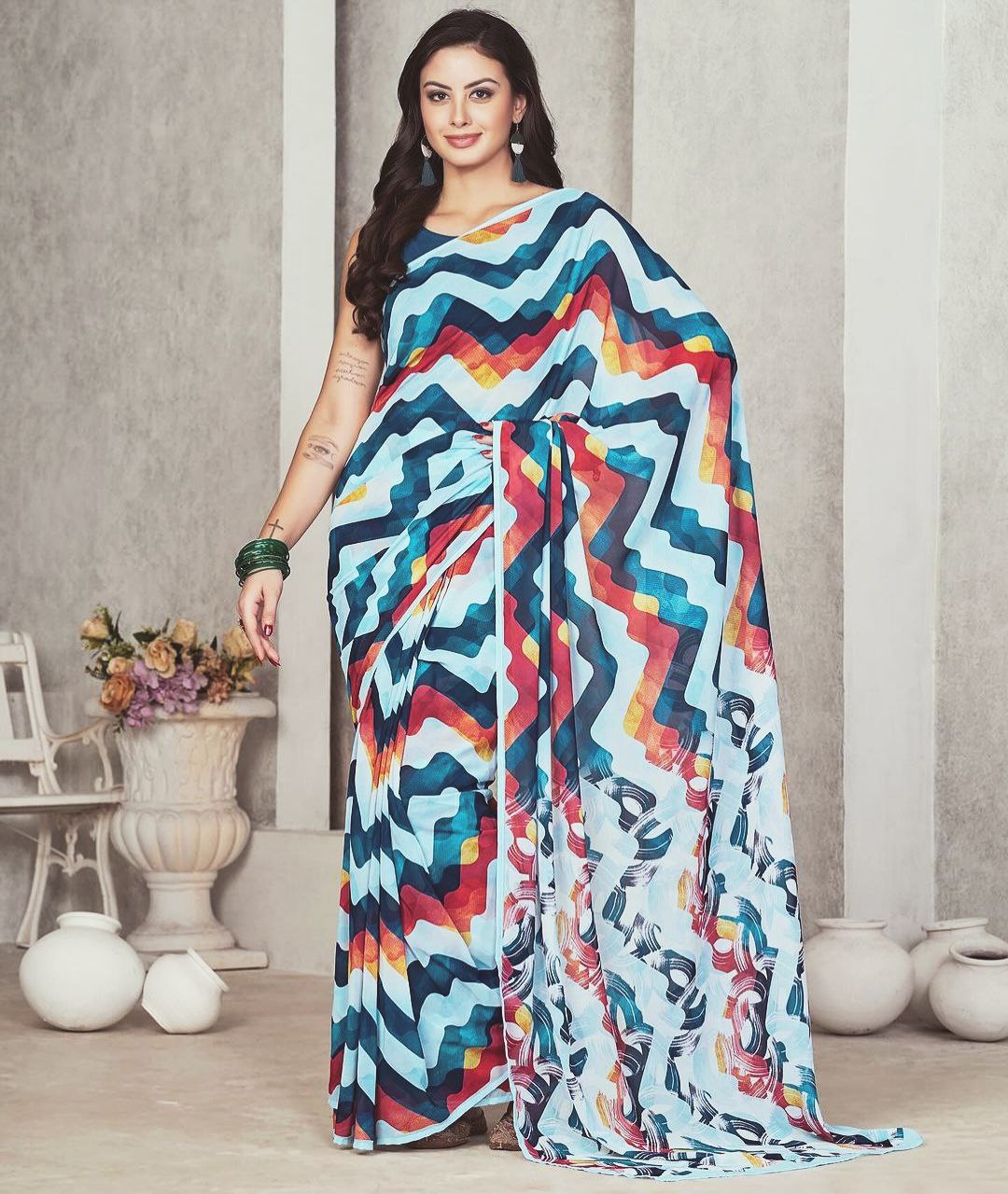 Blue Red Zigzag Design Digital Print Design Ready To Wear Saree with Blouse Piece