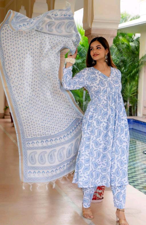 Most Beautiful Sky Kurta Set With Dupatta