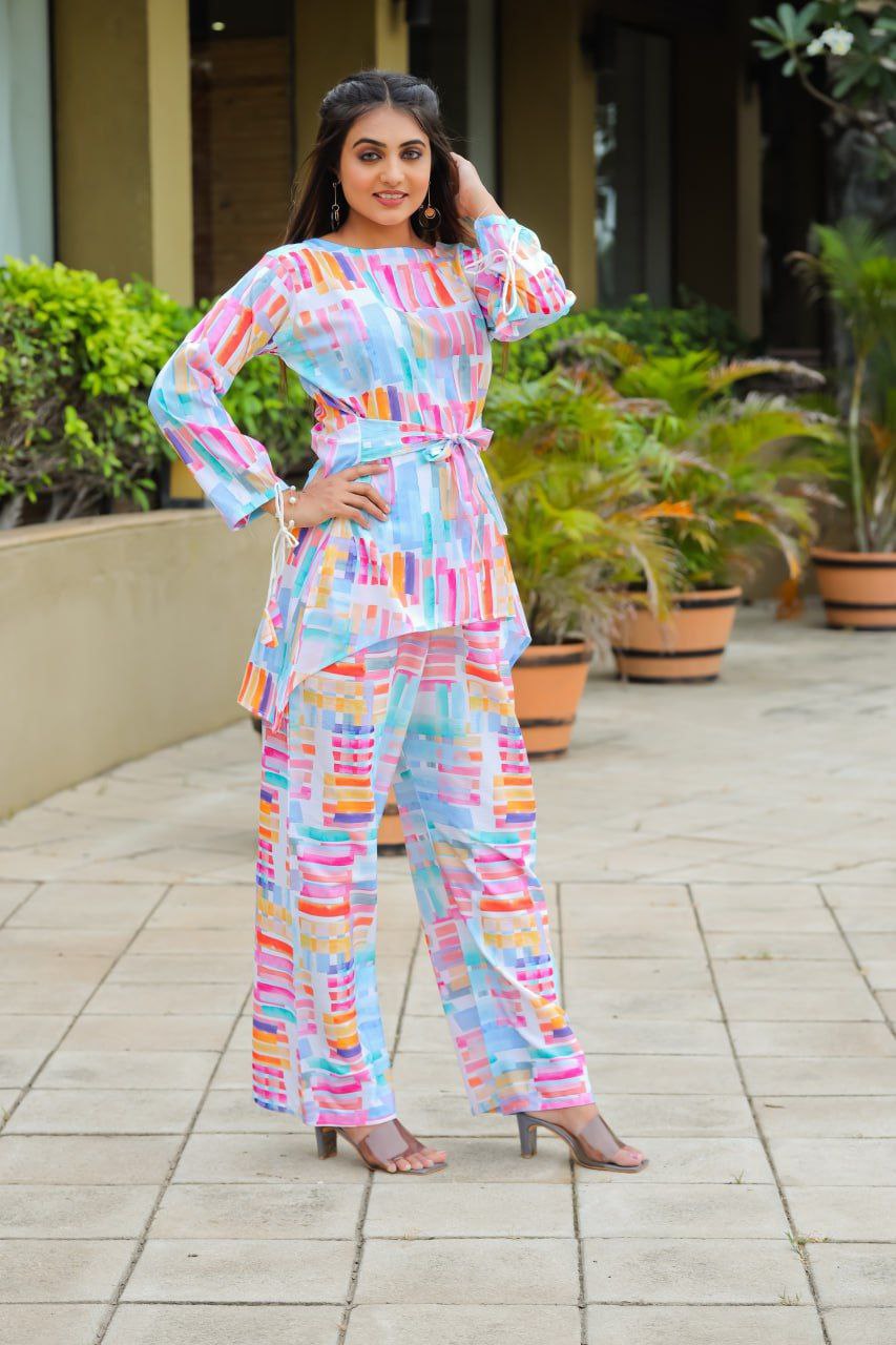 Most Beautiful Multi Color Printed Top And Plazzo Co Ord Set